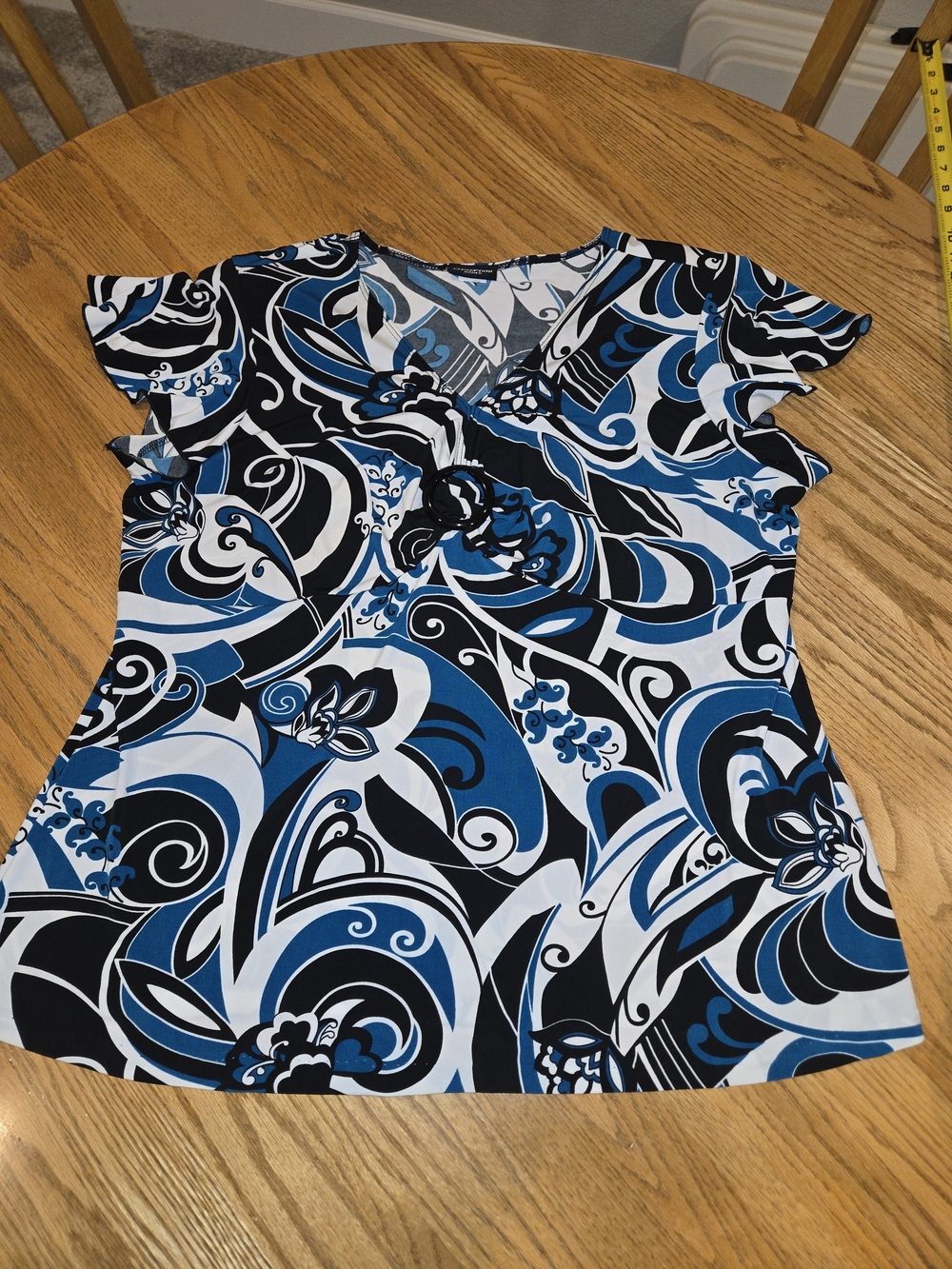 Perseption Blue Black & White Abstract V-Neck Short Sleeve Tunic L
